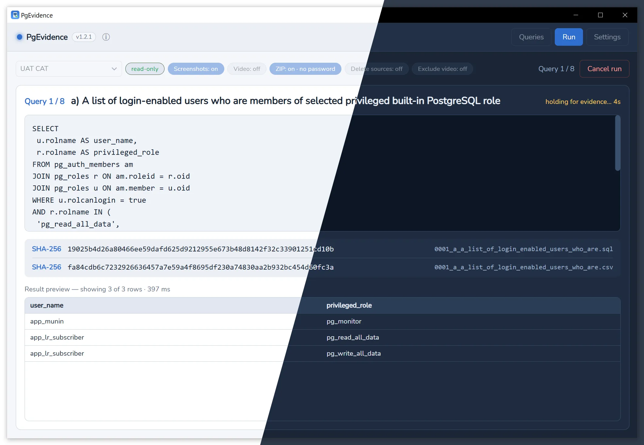 PgEvidence running a query