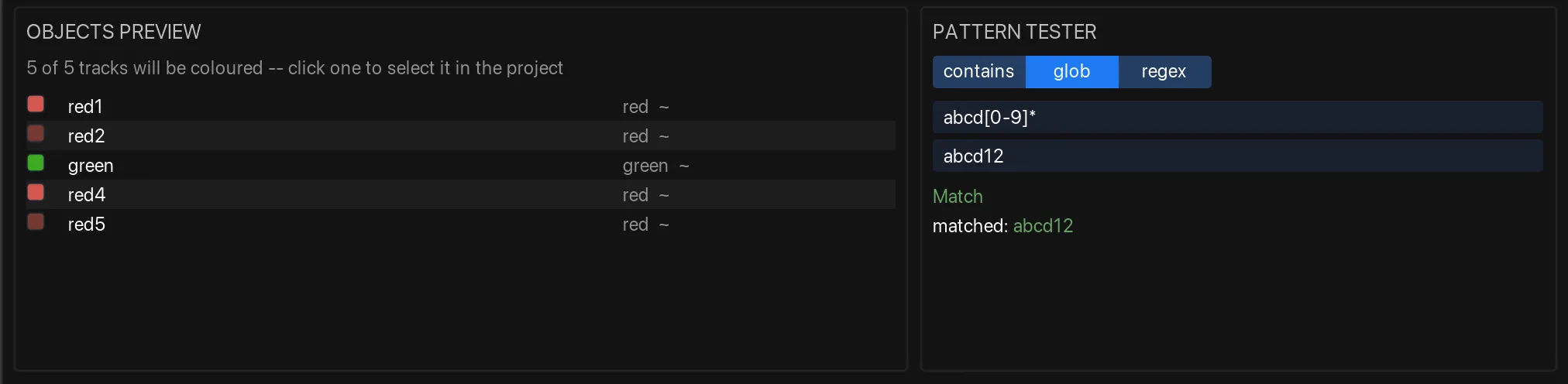 Objects preview and Pattern tester