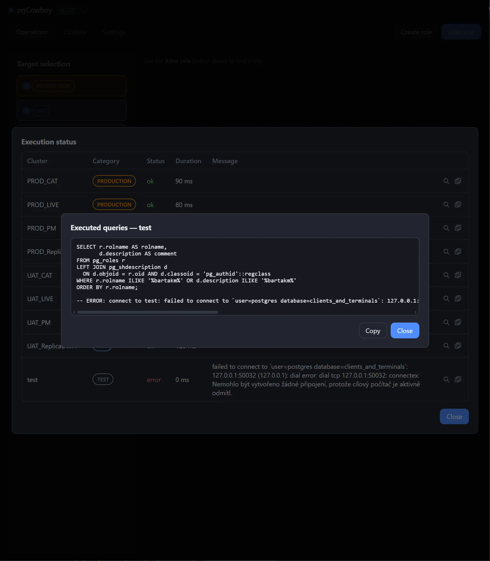 Executed SQL for one cluster, with its own Copy button