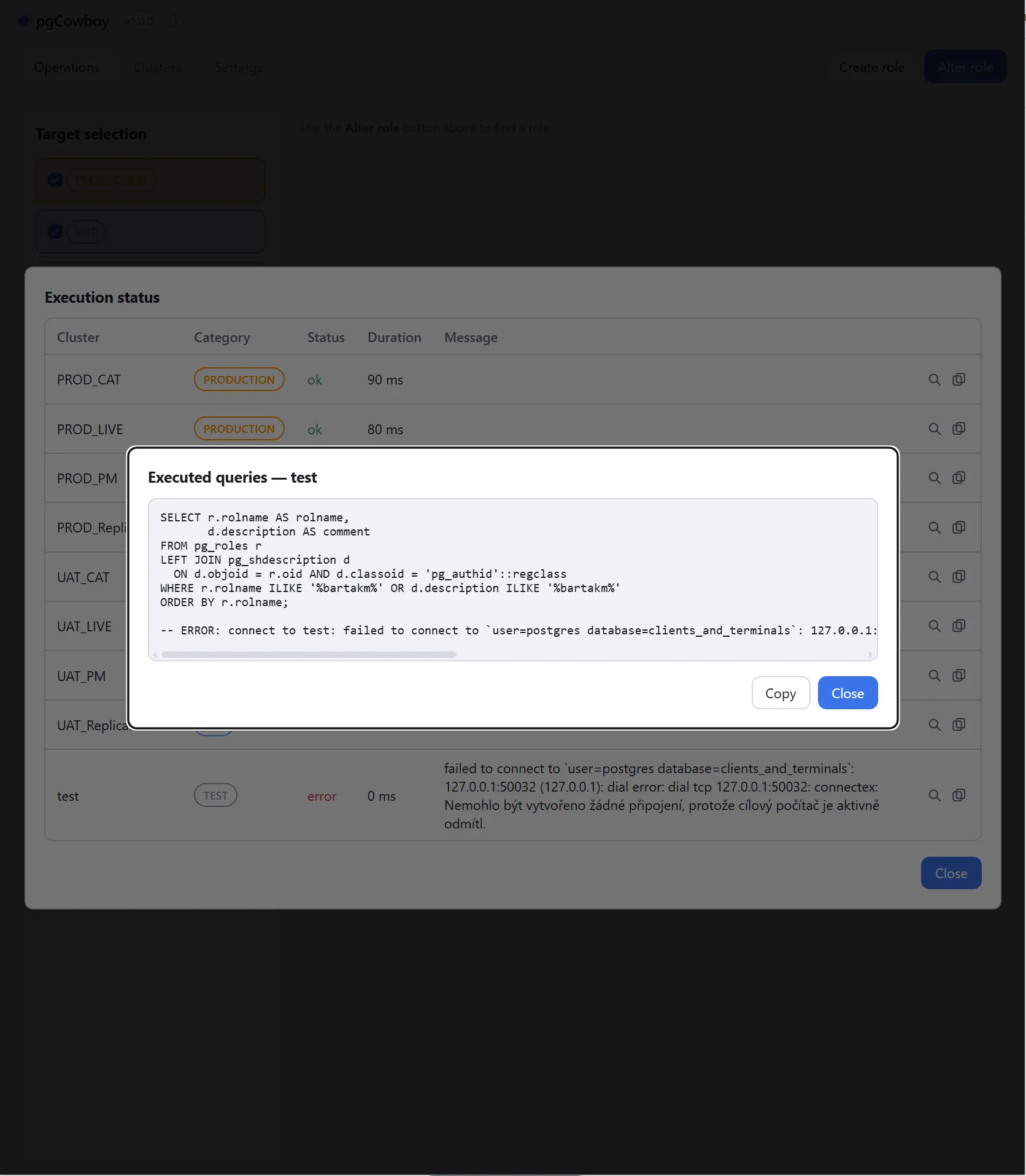 Executed SQL for one cluster, with its own Copy button