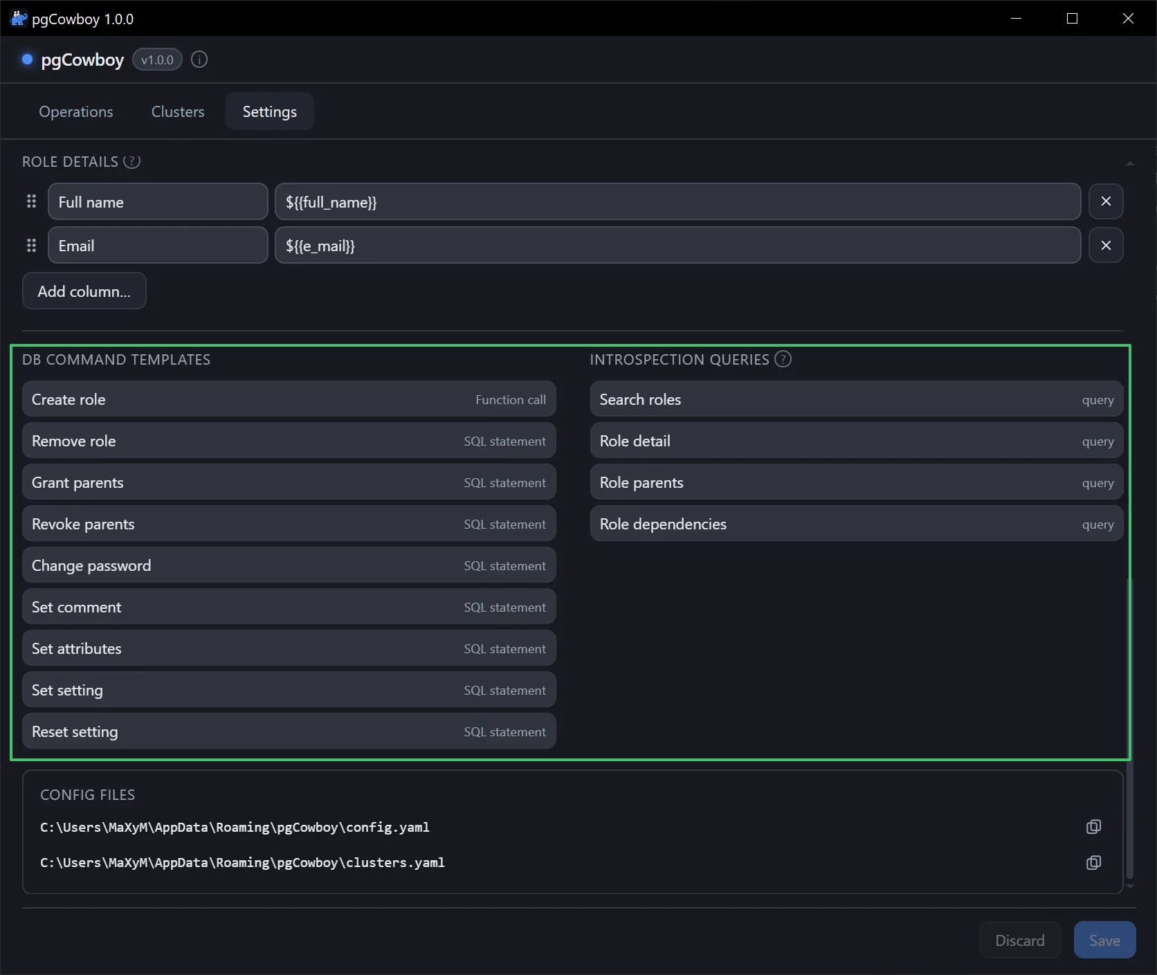 Settings → DB command templates and Introspection queries, side by side
