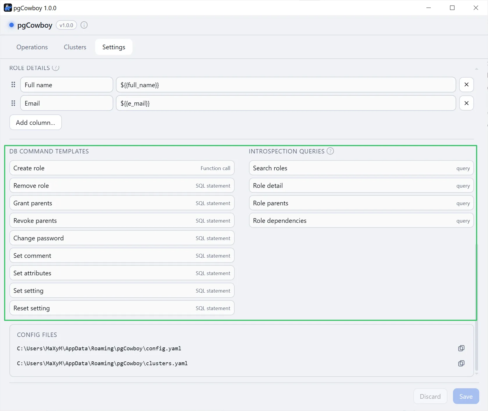 Settings → DB command templates and Introspection queries, side by side